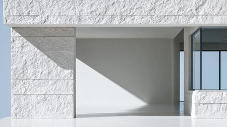 A serene interior space features smooth walls and large windows that allow natural light to fill the room. The minimalist design highlights simplicity and elegance.の素材