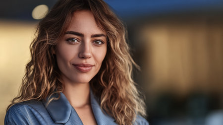 Curly-haired young woman stands outdoors, radiating confidence with a smile. Soft lighting creates a warm atmosphere as the evening approaches, adding charm to the scene.の素材