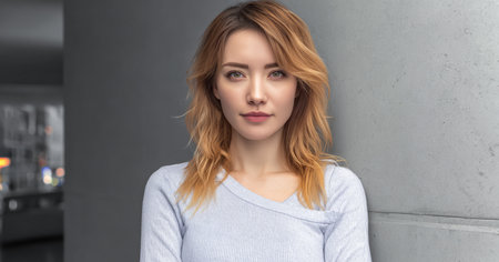 A woman with wavy blonde hair stands confidently against a grey wall in an urban environment. She is wearing a light blue sweater and exudes a calm demeanor.の素材