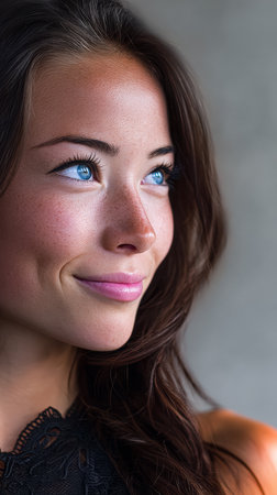 A young woman with long brown hair and bright blue eyes smiles gently while gazing off to the side. Her natural beauty is highlighted by soft lighting and a neutral background.の素材