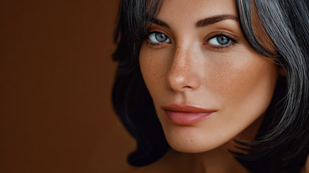 This captivating close-up features a woman with stunning blue eyes and a natural expression. Her smooth skin and dark hair contrast beautifully with the warm brown background.の素材
