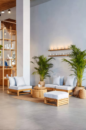 This cozy lounge area features light wooden furniture, soft cushions, and vibrant green plants. It creates a serene atmosphere perfect for relaxation in a contemporary setting.の素材