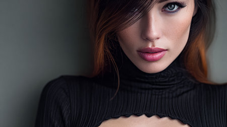 A woman with long hair and expressive eyes poses in a softly lit studio. She wears a fitted black outfit, exuding confidence and charisma. Her gaze is both intense and inviting.の素材