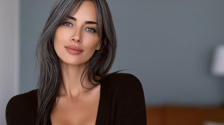 A young woman with long gray hair and clear blue eyes smiles gently in a cozy indoor space. Sunlight gently illuminates her face, creating a warm atmosphere.の素材