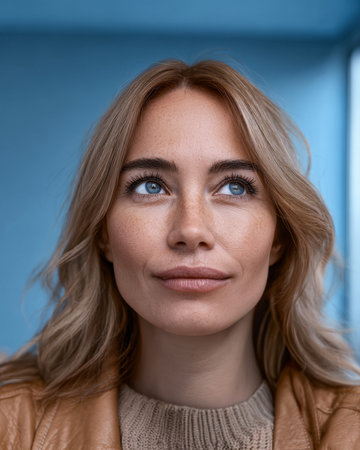 A woman stands in front of a blue wall, her light brown hair frames her face as she looks upwards with a thoughtful expression. Sunlight softly illuminates her features.の素材