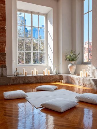 Natural light fills a calming meditation space featuring white cushions on a soft mat and warm candles positioned near large windows, creating a peaceful atmosphere for relaxation.の素材