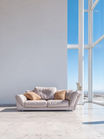 A spacious living room features a light-colored sofa with cushions, positioned near large windows that showcase a clear blue sky and distant city skyline.の素材