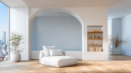 This bright living area features a comfortable white lounge chair beside a light blue wall. Large windows provide a stunning city view and natural light. Minimalist decor enhances the atmosphere.の素材