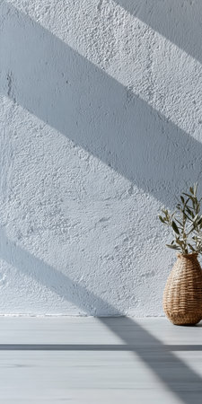 A woven vase with a green plant sits on a light surface while gentle shadows stretch across a textured gray wall, creating a serene atmosphere in a bright room.の素材