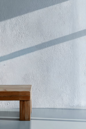 A wooden bench is placed against a textured white wall, illuminated by sunlight streaming through the room, creating shadows on the smooth floor.の素材