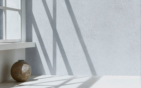 Sunlight streams through a window, creating shadows on a textured wall. A decorative vase sits on a light-colored shelf, enhancing the serene indoor atmosphere.の素材