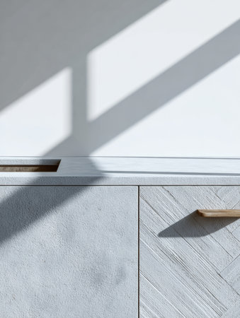 A stylish kitchen showcases a textured gray cabinet with a wooden handle. Sunlight streams in, creating striking shadows on the smooth surface. The design emphasizes simplicity and elegance.の素材