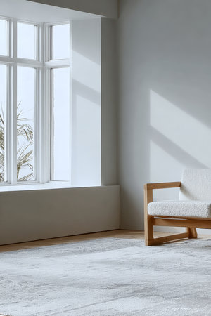 A bright room showcases a minimalist design featuring a plush armchair and large windows that let in soft daylight. The atmosphere is calm and inviting.の素材