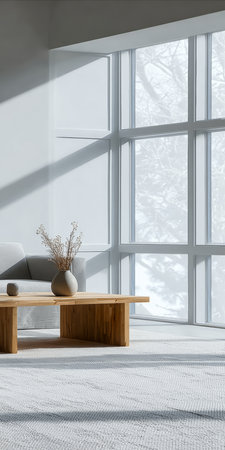 A bright living room features tall windows allowing ample natural light. A wooden coffee table holds a vase with dried flowers, emphasizing a clean, minimalist style.の素材