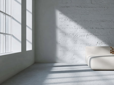 Sunlight streams through large windows, casting soft shadows across a simple, stylish white sofa in a bright and airy room with textured walls.の素材