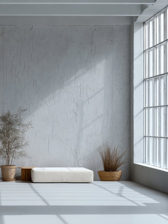 Bright and clean space features a soft cushion on a polished floor, framed by large windows. Potted plants add a touch of greenery, creating a calming environment.の素材