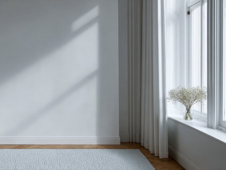 Bright sunlight enters a minimalist room, casting shadows on the wall. A small vase of delicate flowers rests on a windowsill, creating a serene and peaceful atmosphere.の素材
