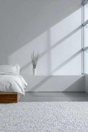 A serene bedroom showcases a cozy bed with soft bedding and a large window allowing ample natural light. A simple vase with branches adds a touch of nature to the space.の素材