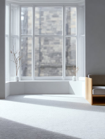 Sunlight fills a spacious room with large windows, illuminating minimalistic decor. A simple wooden bench sits beside plants in white pots, creating a calm atmosphere.の素材