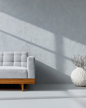 A stylish living room showcases a gray couch with wooden legs against a textured light gray wall. Natural light creates interesting shadows, enhancing the minimalist decor.の素材