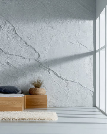 A spacious bedroom features a low wooden bed and a cozy rug. Sunlight streams through large windows, creating calming shadows on the textured gray wall. A plant adds a touch of nature.の素材