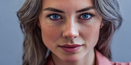 A model with silver hair and bright blue eyes stands in a studio with a neutral background. She displays a calm yet confident expression, showcasing her unique beauty and strength.の素材