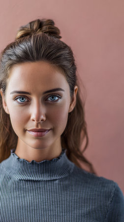 A young woman stands with a relaxed expression, her long hair styled casually. She is wearing a light gray top, creating a simple yet striking look against a soft pink backdrop.の素材