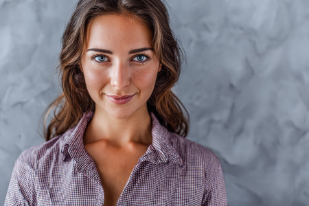 A young woman stands confidently against a soft gray wall, showcasing her long brown hair and captivating blue eyes. She is dressed casually in a checked shirt, exuding charm.の素材