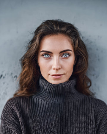 A woman with long, wavy dark hair and blue eyes stands in front of a textured gray wall. She wears a dark turtleneck sweater and shows a calm, confident expression.の素材