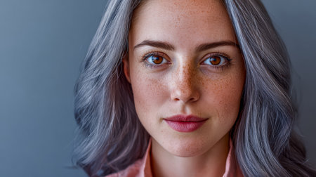 A young woman with striking gray hair and freckles gazes directly at the viewer. The soft blue background adds a calm atmosphere to the composition, highlighting her features.の素材