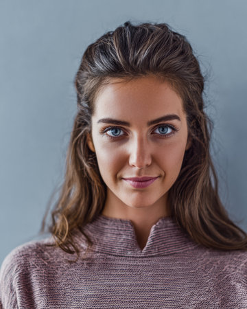 A young woman with long, wavy brown hair and bright blue eyes stands in front of a simple backdrop. She wears a cozy sweater and has a confident expression, showcasing her natural beauty.の素材