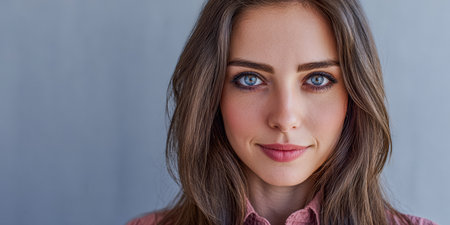 A young woman stands confidently, showcasing her bright blue eyes and smooth skin. Her long hair frames her face, and she wears a casual shirt, creating a relaxed and approachable look.の素材