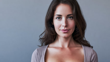 A young woman stands confidently with a soft smile, her long hair framing her face. The neutral gray background highlights her features and relaxed demeanor, creating an inviting atmosphere.の素材
