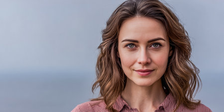 A woman with medium-length wavy hair stands smiling in front of a smooth blue backdrop. She wears a striped shirt and exudes calm confidence in an outdoor environment.の素材