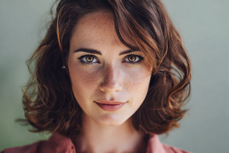 Close-up of a young woman with curly hair and freckles looking directly at the camera. Her expression is calm and confident, highlighting her natural beauty.の素材