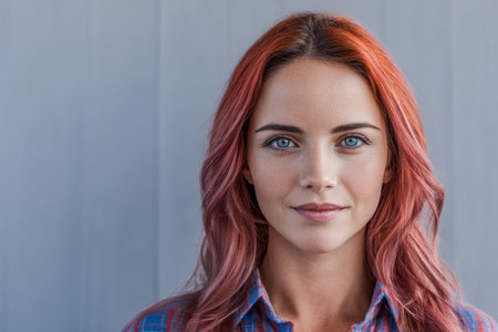 A young woman stands against a plain background, showcasing her bright red hair and striking blue eyes. She appears confident and relaxed in a casual outfit, enjoying the day.の素材