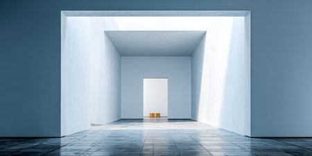 A spacious, minimalistic hallway features white walls and large openings. Light streams in, highlighting a simple door at the end, with golden objects on the floor.の素材