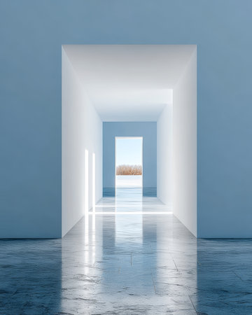 Sunlight streams through multiple corridors, illuminating the sleek surfaces. The view outside reveals a calm landscape, creating a peaceful atmosphere.の素材