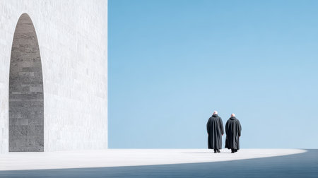 Two people dressed in traditional clothing stroll together along a minimalist pathway, framed by sleek architecture under a bright blue sky during the day.の素材