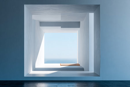 A geometric window frame opens to a calm ocean view, illuminated by bright daylight. The minimalist design emphasizes clean lines and tranquility.の素材