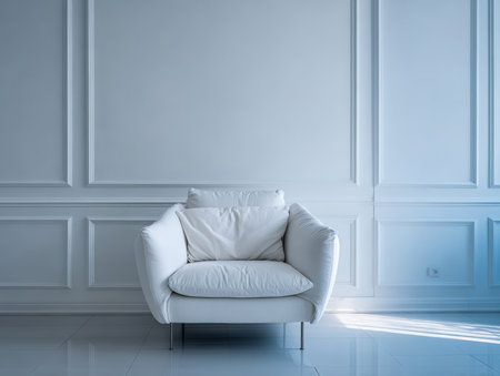A sleek white chair sits alone in a minimalist room featuring light blue walls. Soft sunlight enters through a window, creating a serene atmosphere.の素材