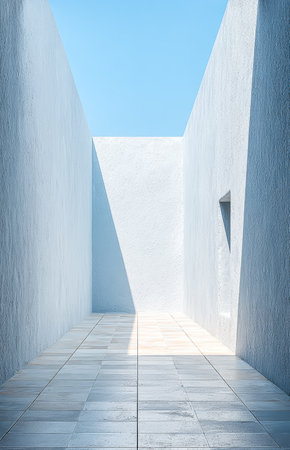 A narrow modern corridor features smooth, white walls catching vibrant sunlight on a clear day. The clean lines create a peaceful atmosphere in this outdoor space.の素材