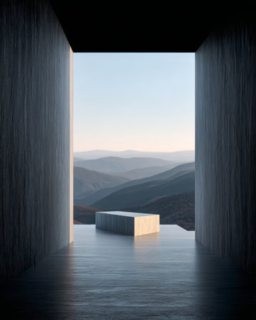 A contemporary space features a simple stone block in an open area. The walls frame a stunning view of mountains bathed in early morning light, creating a peaceful atmosphere.の素材