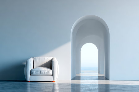 A modern white chair sits in a minimalist room, where a large archway opens to a beautiful seaside view. Soft light floods the space, enhancing its calm atmosphere.の素材