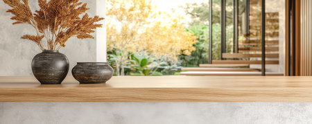 Two decorative vases with dried plants sit on a wooden table, while sunlight streams in through large windows with views of a lovely garden.の素材
