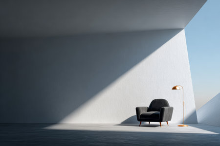 A stylish chair and a floor lamp are positioned in a spacious, minimalistic room. Natural light floods through a large window, creating striking shadows on the wall.の素材