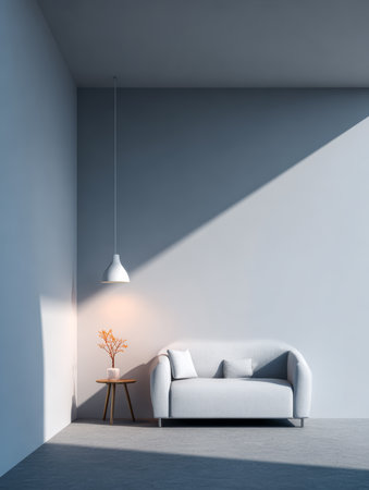 A white sofa is positioned against a light gray wall in a minimalist lounge area. A small plant on a side table is softly illuminated by a hanging light fixture, creating a serene atmosphere.の素材
