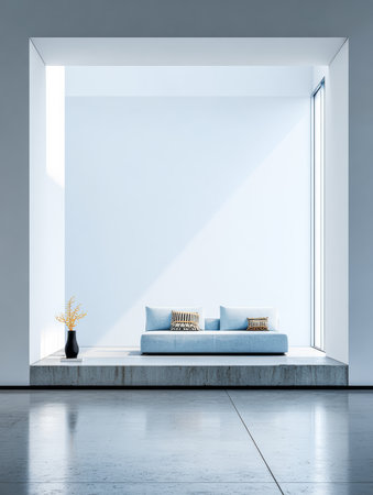 A bright room showcases a minimalist design featuring a soft blue sofa, large windows allowing ample natural light, and a simple black vase with branches, enhancing the tranquil atmosphere.の素材