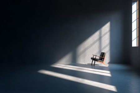 A black chair stands alone in a spacious, minimalist room. Bright sunlight streams through a nearby window, creating bold shadows on the floor, enhancing the quiet atmosphere.の素材