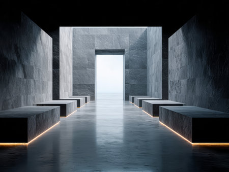 A sleek and modern interior space features smooth stone walls and benches, illuminated by soft light. A doorway opens to an expansive view, creating a calm atmosphere.の素材